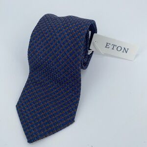 Eton Tie Mens One Size Blue Brown Silk Classic Fit Luxury Necktie Italy Made NWT